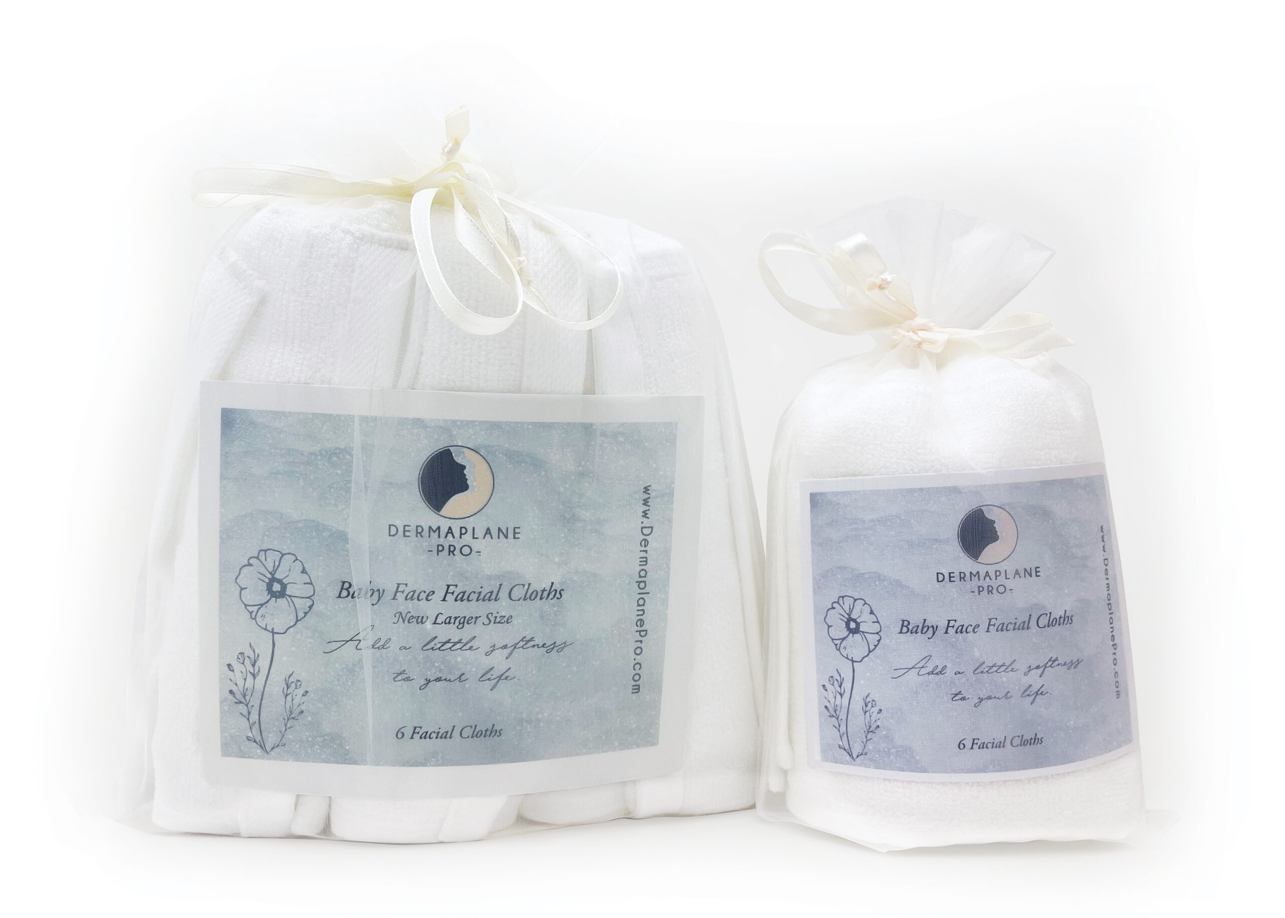 Bundles of large and regular Baby Face Cloths that are perfect for dermaplaning, facials, and other spa treatments. These split facial cloths are made of soft bamboo on a cotton backing.